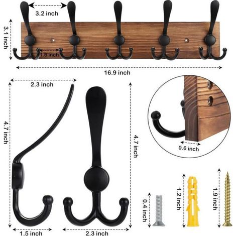 Porte-Manteau Mural - Bois Pin Massif - 5 Crochets Triples - 43 Cm - Marron (1/4)