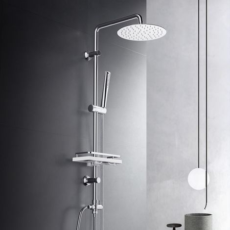 Görbach Colonne de douche chromée adaptable sur robinetterie existante, douche pluie ronde Ø20 cm avec tablette intégrée (1/5)