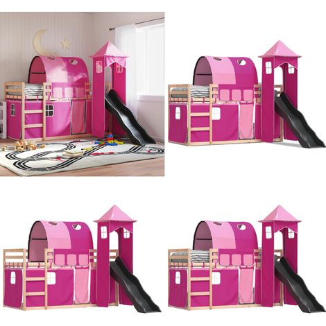 Etagenbett mit Rutsche und Gardinen Rosa 80x200 cm - Kinderhochbett - Holzbett - Etagenbett - Hochbett Mit Rutsche - Jugendzimmermöbel - Home & Living