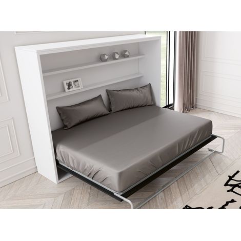 Lit escamotable horizontal 90x180 cm avec étagères intérieures Rankar - Matelas Sans matelas - Façade Anthracite - Coffrage Chêne 3D (1/5)