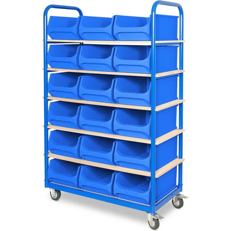 BRB Etagenwagen mit 6 Ebenen, BxTxH 1050x500x1690 mm, bestückt mit 18 Sichtkästen LB2 21,8 Liter, 2 Lenk-/2 Bockrollen (blau)