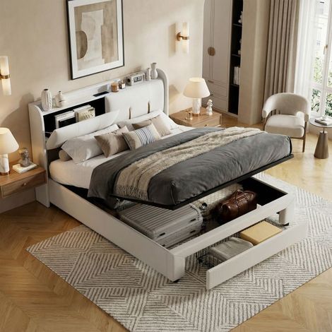 Cama Cofre 160 x 200 con Somier, Cama 2 Personas con USB y LED, cama 160x200 con cajón, Cama Tapizada Doble Beige