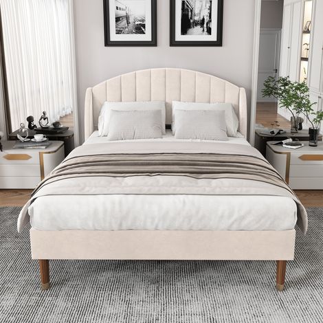 Lit rembourré 140×200cm beige velours,cadre et tête lattes bois,lit pour jeunesse et adultes,montage facile,design confortable