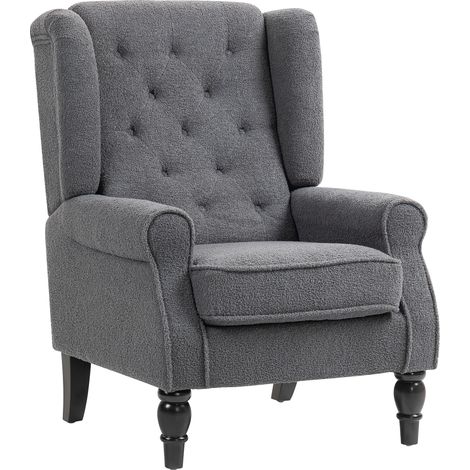 Retro Grey Teddy Fleece Wingback Chair for Cozy Living Room Décor
