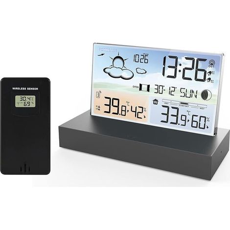 Station Météo avec Capteur Extérieur Sans Fil, écran LCD Sans Fil Station Météo Numérique Avec Double Réveil/Date/Heure/Température/Humidité/Alerte/Barométrie/Prévisions Météo Pour Maison