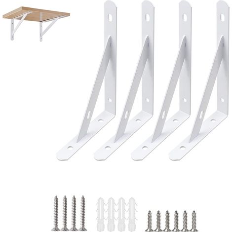 Support d'étagère murale en acier blanc de 15 cm, capacité de charge 30 kg, avec vis de fixation, lot de 4 pièces (1/4)