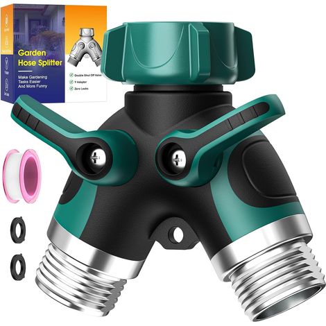 2-Wege-Gartenschlauchverteiler mit Absperrventil — Wasserhahnverteiler (3/4"-Anschluss) — Robuster Y-Verbinder aus Metall für Außenwasserhahn (1/5)