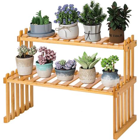Étagère à 2 niveaux en bambou pour plantes grasses, support multi-plantes, organisateur rustique de bureau, 40 cm (1/5)