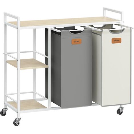 Cesto portabiancheria a 2 scomparti capacità 100 litri cestino con ruote carrello con ripiani sacco e tasche estraibili 6 etichette beige 120006652