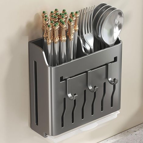 Porte-ustensiles mural noir avec crochets, support de rangement suspendu pour couteaux, baguettes, couverts et argenterie