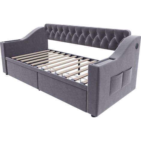 Canapé-lit rembourré 90190 cm, accoudoirs plus larges et plus épais avec port de charge USB, rangement intégré dans les accoudoirs, avec poches de rangement, avec tiroir de rangement, tissu velours, g (1/5)