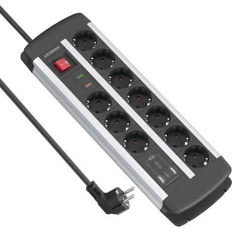 Multiprise avec Interrupteur, 10 Prises, Protection Contre Les Surtensions et Surcharges, USB-A/C 20W, Multiprise Murale, Cordon de 1,5 m, 16A/3680W, sans Terre (1/5)