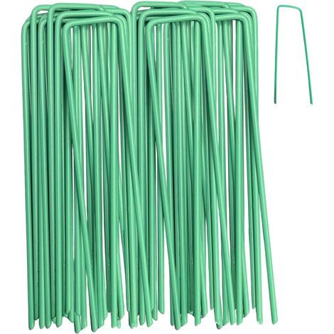 20 clous en forme de U, de 10 cm de long et de 2.5 mm d'épaisseur, adaptés aux toiles de paillage, utilisés pour fixer solidement la bâche. (1/5)