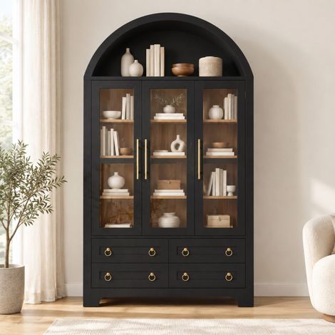 Vitrinenschrank 110x40x185 cm Spanplatte/MDF schwarz, 3 Glastüren, 4 Schubladen – MEUBLIV (1/5)