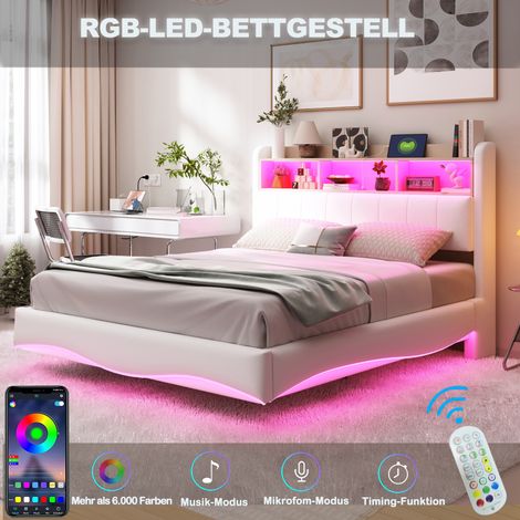 Cama adulto 140x200cm, cama doble tapizada, LED, interfaz USB y TIPO-C, compartimento de almacenamiento, lino, colchón no incluido, beige (1/5)