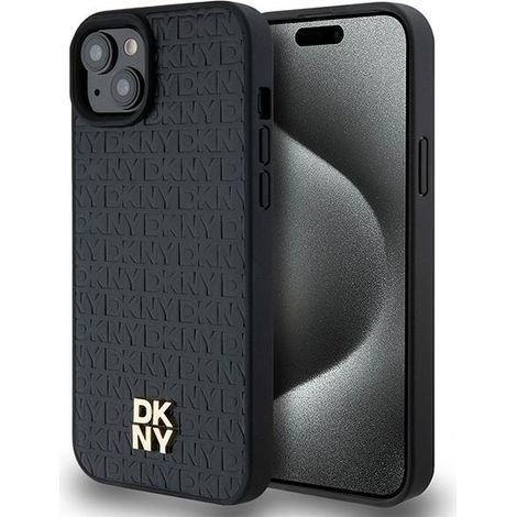Custodia rigida nera/nera DKNY DKHMP15SPSHRPSK per iPhone 15/14/136,1", con motivo in pelle e logo in metallo, MagSafe. (1/5)