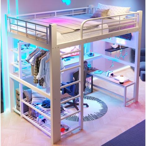 Letto a soppalco 140x200 cm in metallo bianco con scrivania, LED e scala con contenitori OKWISH (1/5)