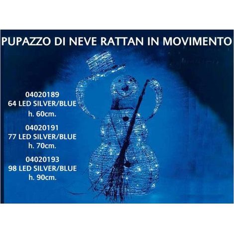 Pupazzo di neve luminoso in rattan con 64 luci a led - altezza 60 cm - colore argento/blu