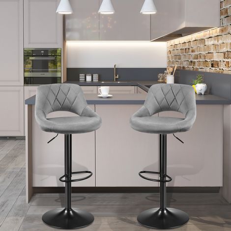 Tabouret de Bar Lot de 2 en Velours, Tabourets de Cuisine Hauteur Réglable, Gris (1/5)