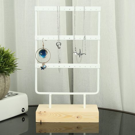 Présentoir à bijoux en métal à 36 emplacements, avec base en bois, blanc, idéal pour ranger boucles d'oreilles et colliers. (1/5)