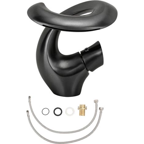 Robinet de lavabo cascade réglable eau chaude et froide, mitigeur en laiton design profilé pour vasque à encastrer, noir. (1/5)