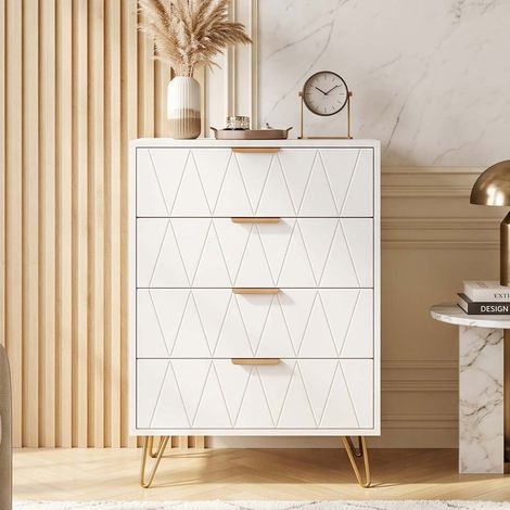 Creahappy Commode 4 Tiroirs 60x34x91 cm - Optimisation de l'Espace & Rangement - Style Contemporain Motif Losange - Blanc et Doré (1/5)