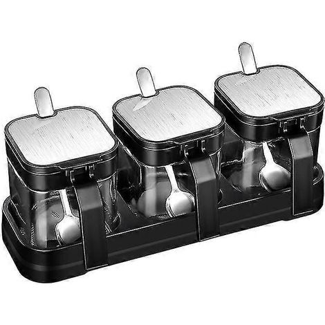 Pot à condiments avec couvercles et cuillères en acier inoxydable, récipient à épices en verre transparent (1/5)