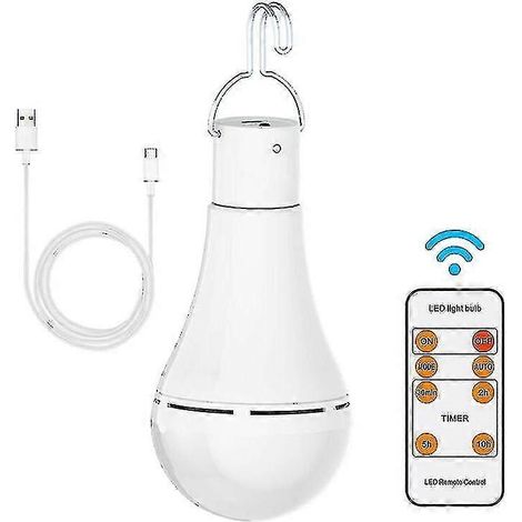 Bombilla LED recargable por USB con mando a distancia, 7W, base E27, regulador táctil y temporizador para acampadas, emergencias y actividades al aire libre.