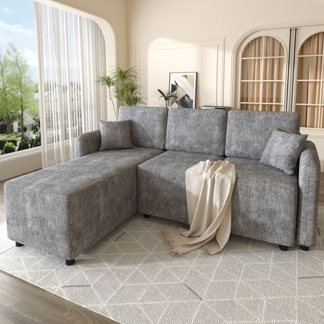 Canapé d’angle 3 places 187,5x143,8x85,5 cm, méridienne, 2 coussins, mousse haute densité, chenille, gris (1/5)
