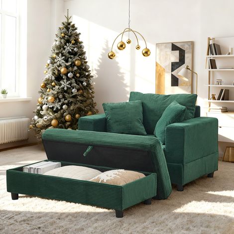 Chaise longue con poggiapiedi e contenitore, 3 cuscini, tessuto a coste verde smeraldo DESVIAE (1/5)