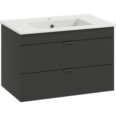 Mobile sottolavabo da parete nero con lavabo in ceramica e cassetti con chiusura ammortizzata, ideale per arredare il bagno