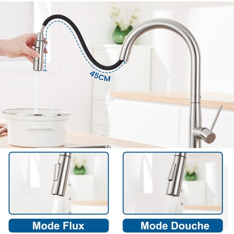 Auralum Rubinetto Cucina con Doccetta Estraibile 45CM in Acciaio Inossidabile, 2 Funzioni Miscelatore Monocomando Per Lavello, Girevole a 360 Rubinetto da Cucina (1/5)