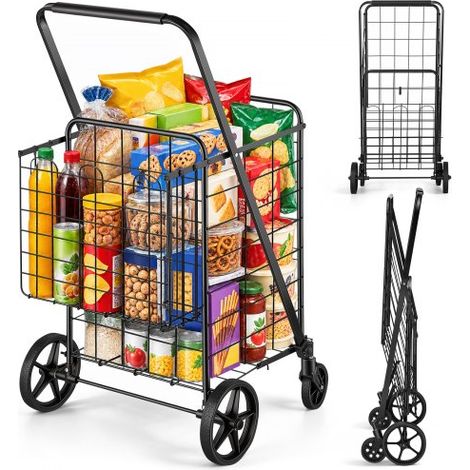 Chariot de Courses Pliable Charge 50 kg 4 Roulettes Chariot de Supermarché Plus de 85 L avec 2 Paniers Charrette de Courses en Fer avec Doublure Étanche pour Transporter Ranger Linge Épicerie (1/4)