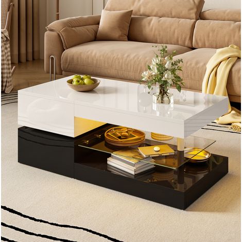 Mesa de centro LED 90 x 45 x 35,5 cm con APP y Bluetooth, blanco y negro HAVRYA (1/5)