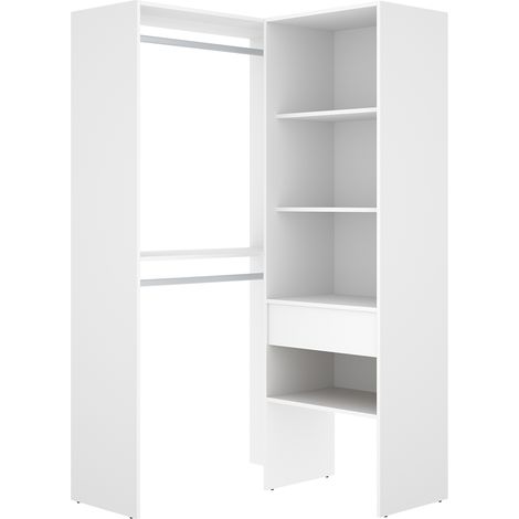 Dressing d'angle ouvert avec penderie à double tringles, 1 tiroir et 4 étagères, coloris blanc - Hauteur 185 x Longueur 100 x Profondeur 88,4 cm (1/5)
