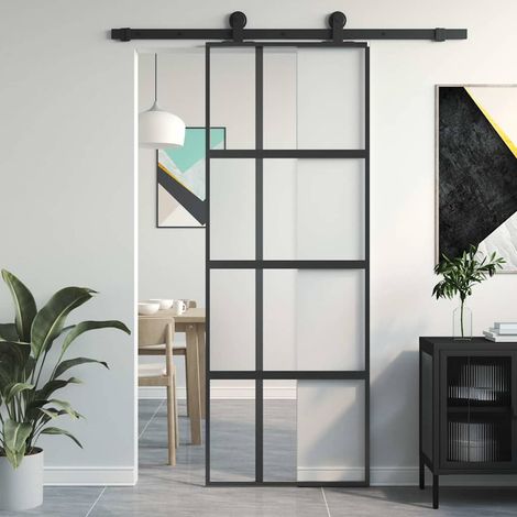 Porte coulissante noire, 76 x 205 cm, verre trempé et aluminium