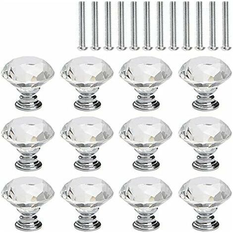 12 Pcs Bouton de Meuble Cristal, Poignée Bouton de Porte Placard Meuble Tiroir, Diamant de Verre Cristal Transparent, Base en Argent (1/5)