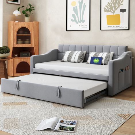 Canapé convertible 90x190 en velours gris clair HAVRYA (1/5)