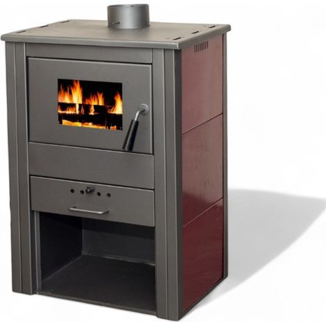 Stufa a legna 8 kw in acciaio compatta con mattonelle esterne bordeaux 53x37x76 cm con scarico fumi superiore e cassetto portaceneri (1/5)