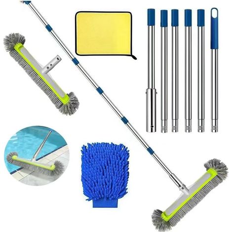 1 - Brosse De Piscine - Tige Télescopique - Nettoyage Murs Et Fonds - Acier Inoxydable - Pour Piscine Et Terrasse - Bleu - 45x230cm