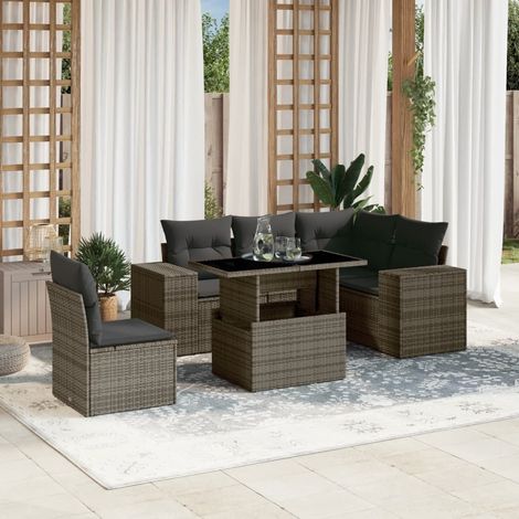 Ensemble Canapé Jardin Résine Tressée Gris 6 Pièces avec Table Réglable et Coussins Lavables (1/5)