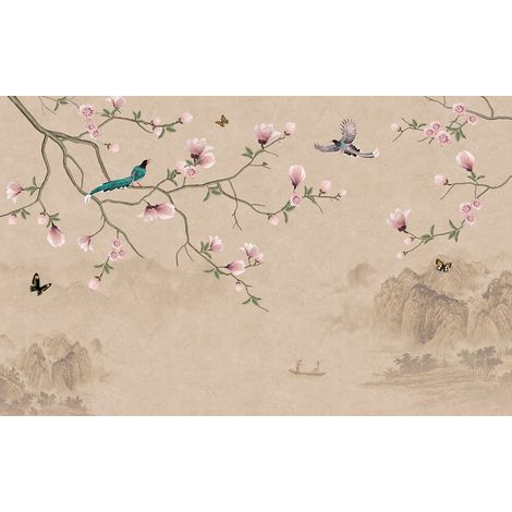 Papier peint panoramique - Fleurs Oiseaux - 130 cm x 81 cm (1/2)