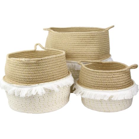 Lot de 3 Paniers de Rangement "Franges" 35cm Blanc (1/4)