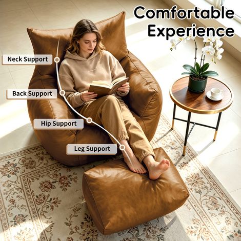 Pouf marron en similicuir avec repose-pieds - Grand ottoman polyvalent pour adulte, ado et enfant, parfait pour séjour, chambre ou studio. (1/5)