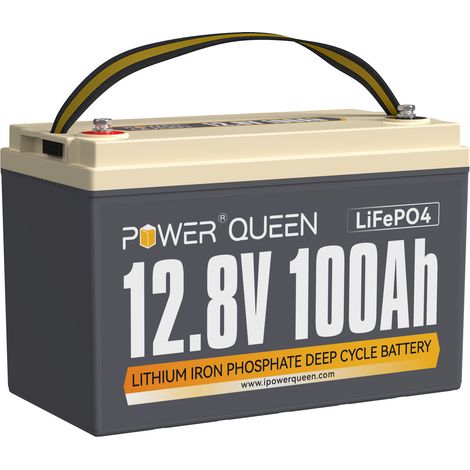 Power Queen – Batterie lithium 12V 100Ah 1280Wh LiFePO4 – BMS 100A – 4000 à 15000 cycles – Pour camping-car, solaire, hors réseau – Dimensions L329 x P172 x H214 mm (1/5)
