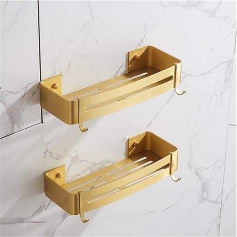 Étagère d'angle flottante pour salle de bain en aluminium brossé or - Support mural compact pour shampooings et cosmétiques - Surface antirouille et design élégant (1/4)