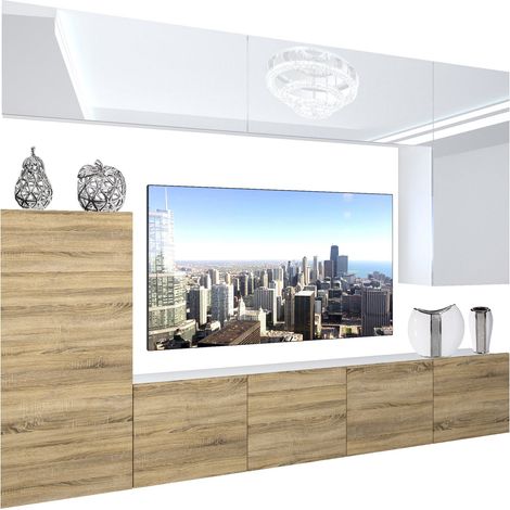 Belini – Ensemble meuble TV mural NEX I – Dimensions 250 x 180 x 36 cm – Blanc brillant et chêne Sonoma – Éclairage LED multicolore télécommandé