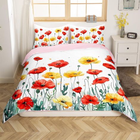 Fleurs Parure de Lit Rouge Jaune Coquelicot imprimé Housse de Couette 220x240cm Fille Fleur Plante Ensemble de literie Doux Microfibre Adolescent Femme décor avec 2 taies d'oreiller (1/5)