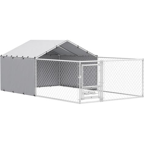 Parc chien couvercles gamelles pivotantes acier Oxford 4 x 2,3 x 1,5 m argent enclos pour chien grand format robuste et sécurisé avec zones d’alimentation intégrées (1/5)