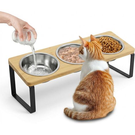 Lot de 3 gamelles surélevées en acier inoxydable avec support incliné à 15°, station de nourriture pour chat pour nourriture et eau, anti-vomissements, gamelle surélevée avec base en bambou pour (1/5)